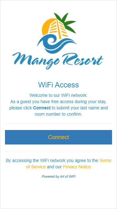 Captive portal with PMS integration, main splash page as viewed on an iPhone 6