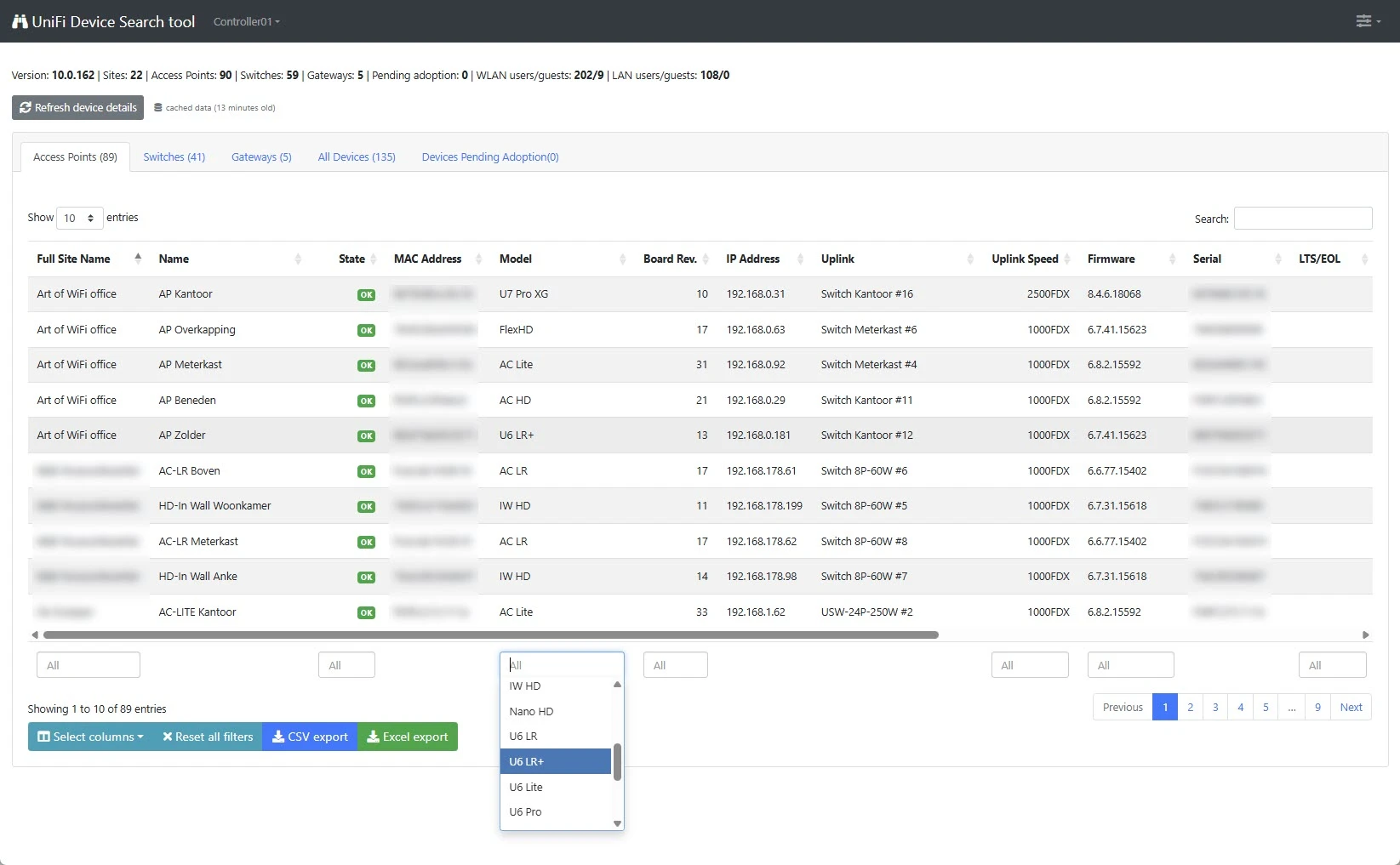 Unifi Devices report with device type filter