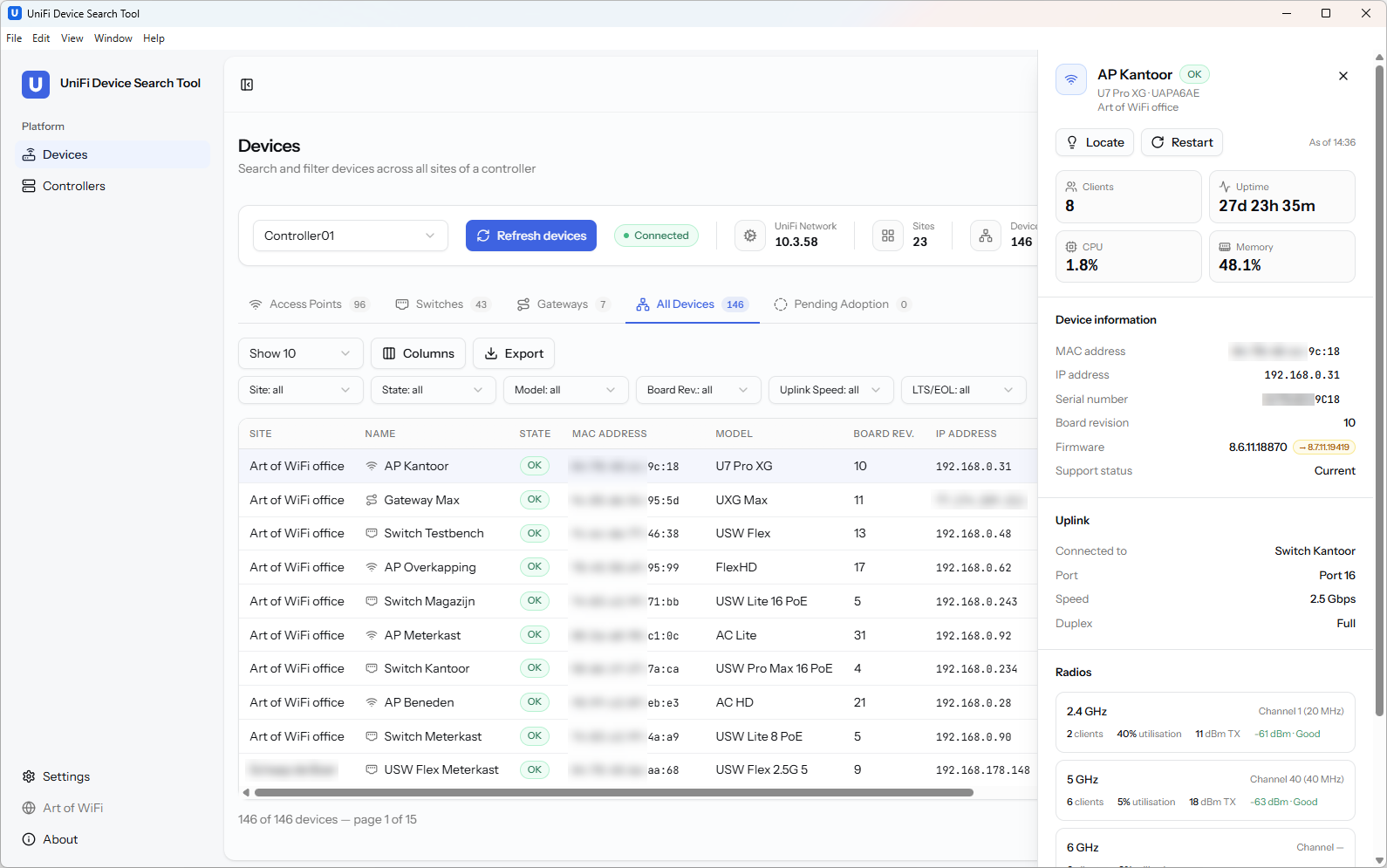 UniFi Device Search Tool for Windows — AP details side panel with live status (clients, uptime, CPU, memory), Locate and Restart actions, device information, uplink, and per-band radio details