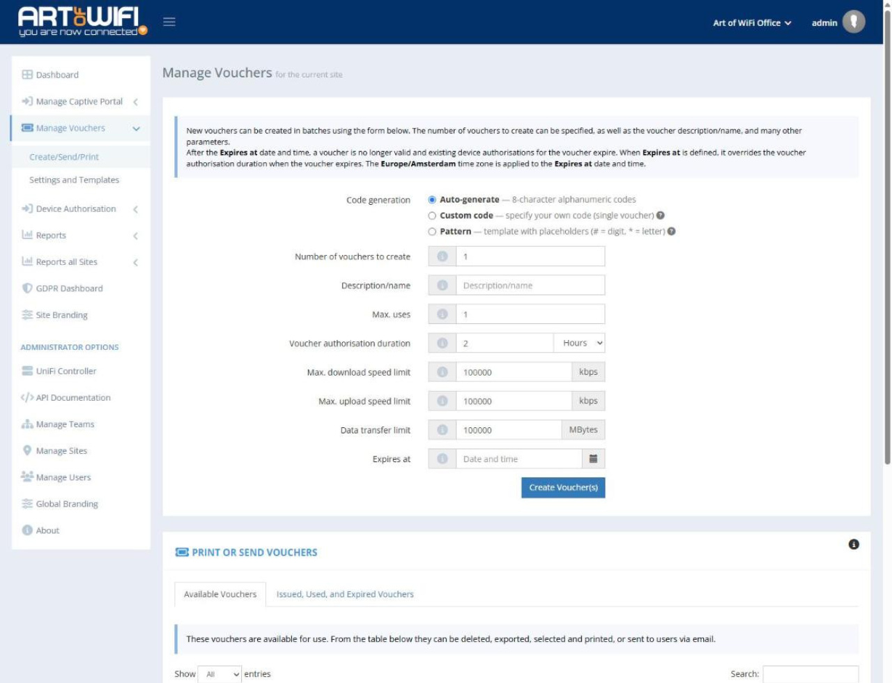The Art of WiFi captive portal manage vouchers page, with the create voucher form at the top and the available vouchers table below.