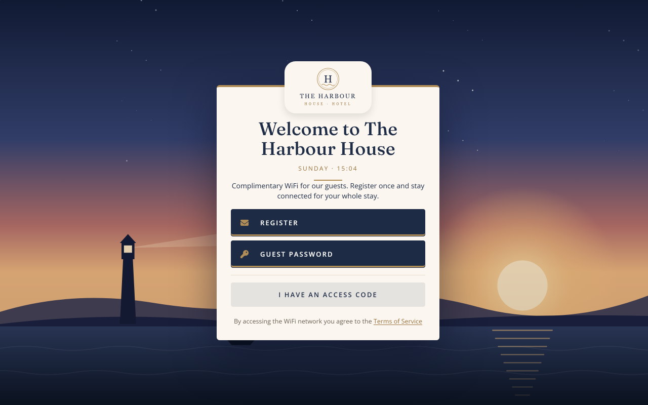 Harbour House hotel captive portal splash page, cream panel on sunset lighthouse scene, desktop view.