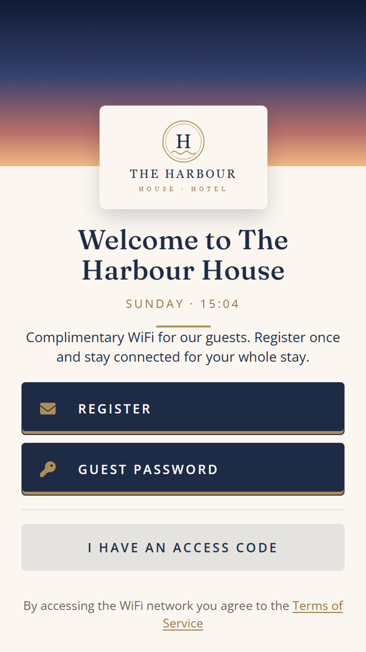 Harbour House hotel captive portal, phone view.