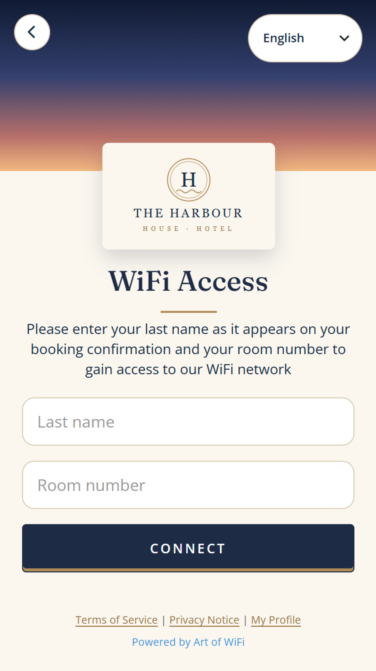 The hotel guest PMS login form on a phone, asking for the guest's last name and room number above a Connect button, in the Harbour House styling.