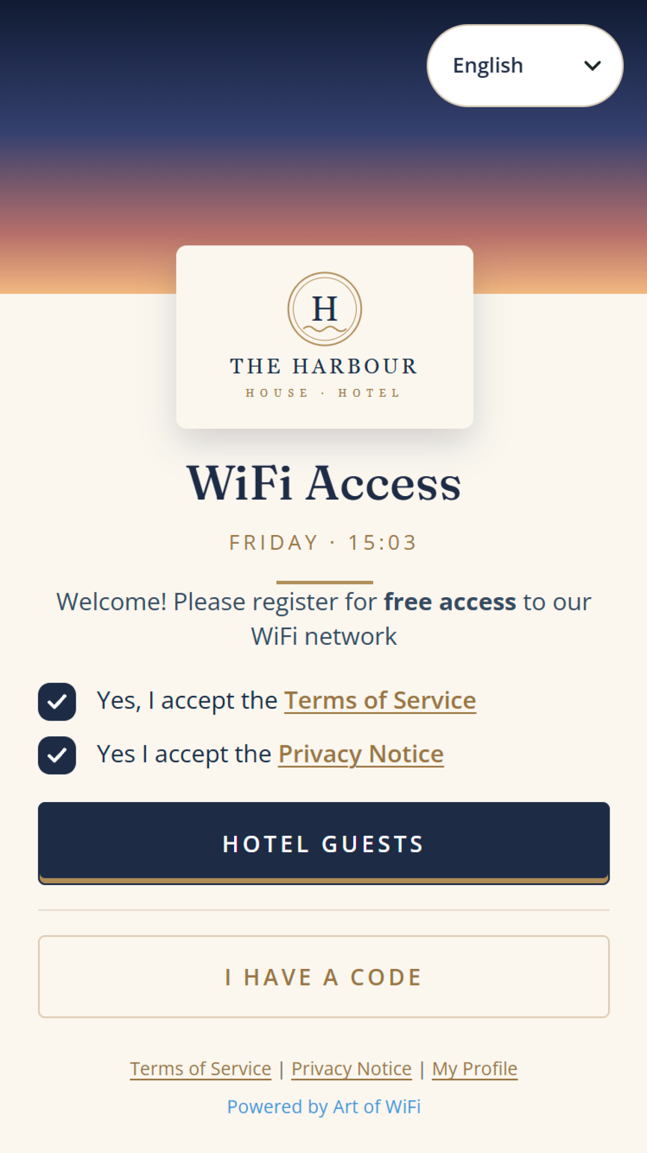 The Harbour House hotel captive portal splash page on a phone, with the welcome panel, live local time, Terms of Service and Privacy Notice checkboxes, the Hotel Guests button and the I have a code button.