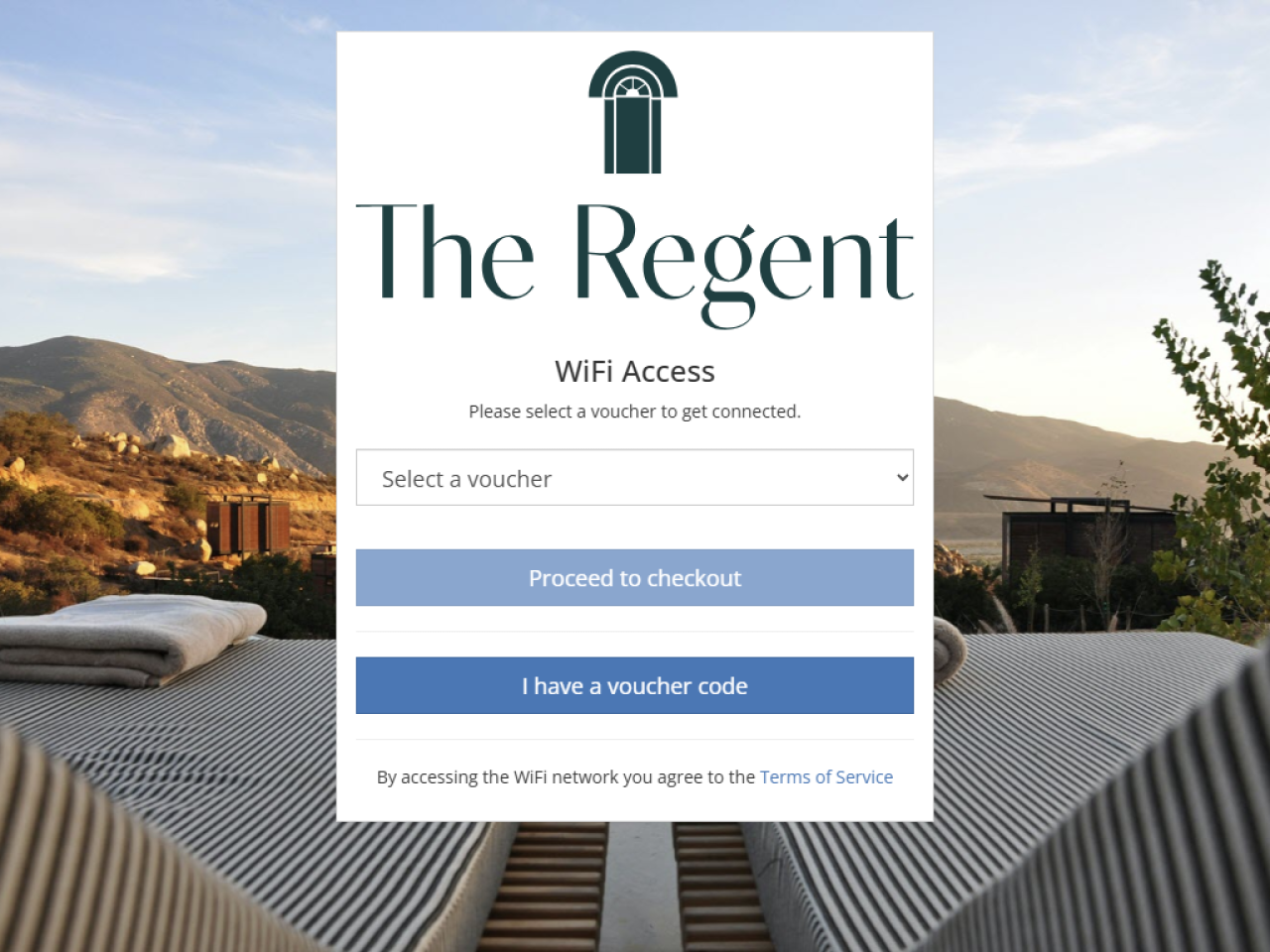 Captive portal splash page with voucher purchase and code entry.