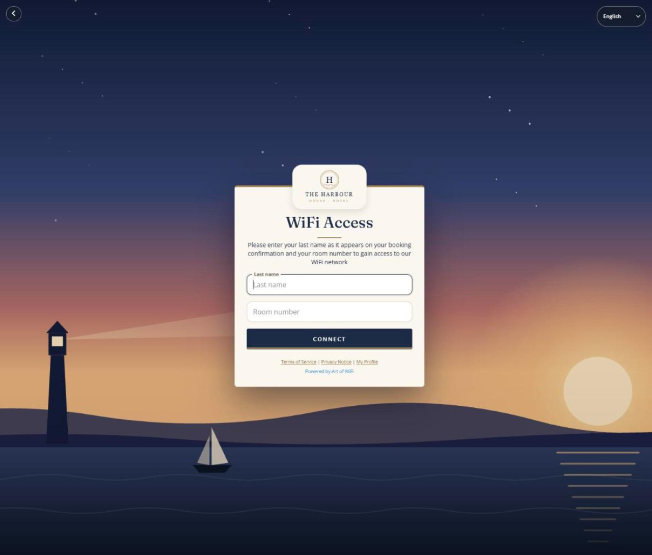 The PMS login form in the Harbour House hotel captive portal, asking for the guest's last name and room number before granting access to the WiFi network.
