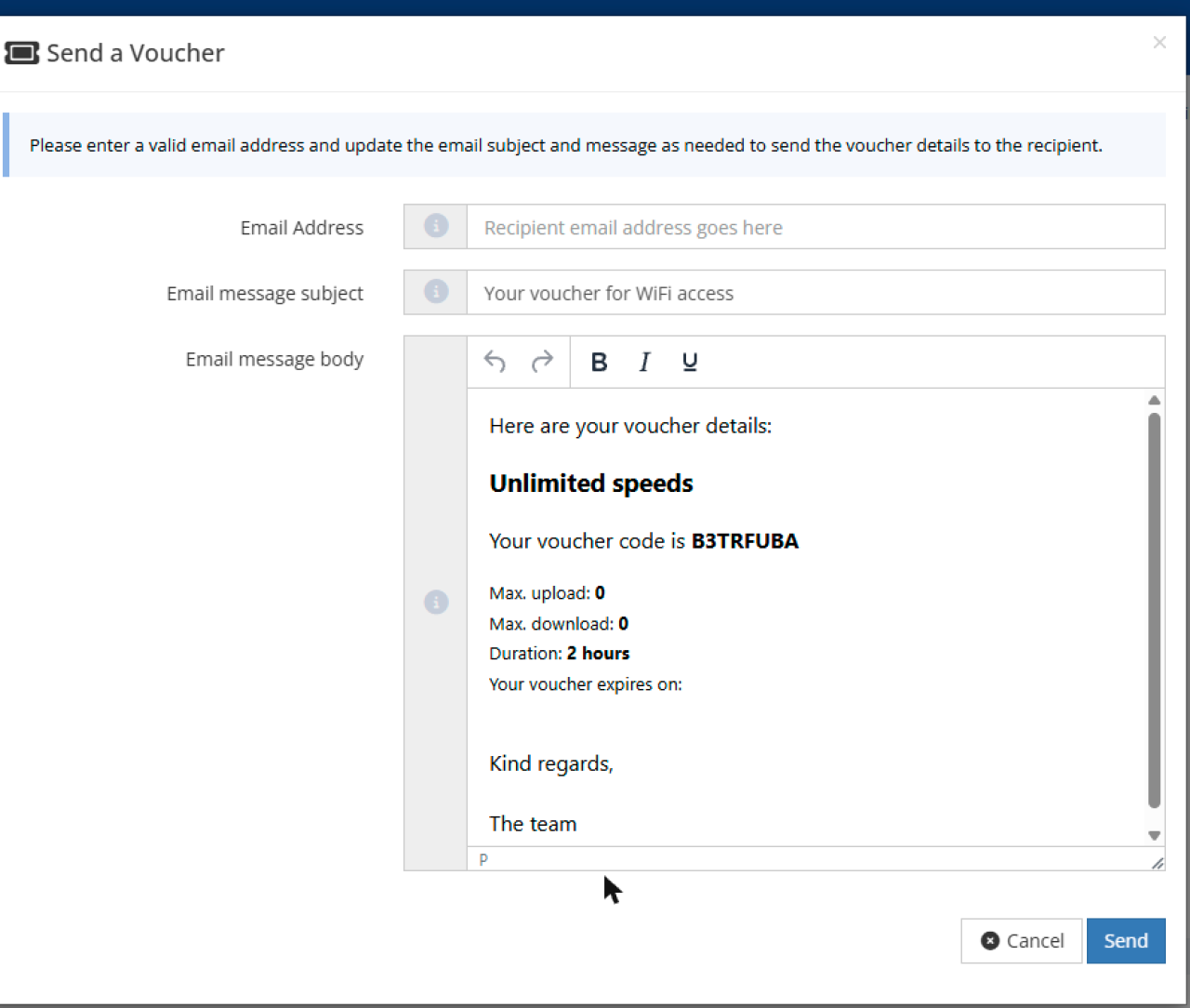 The Send a Voucher modal in the captive portal admin, with recipient email, subject, and a pre-filled rich-text body containing the voucher code and limits.