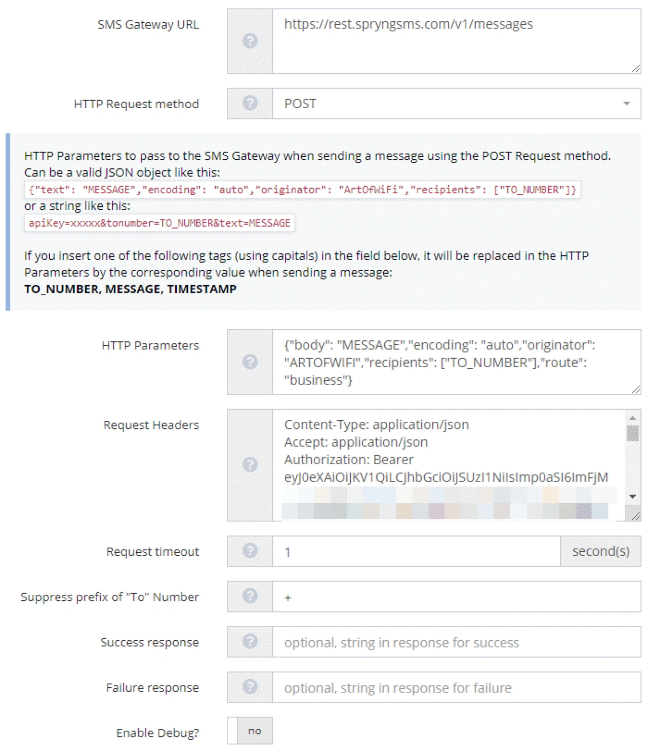 Examples SMS Gateways settings for Spryng.