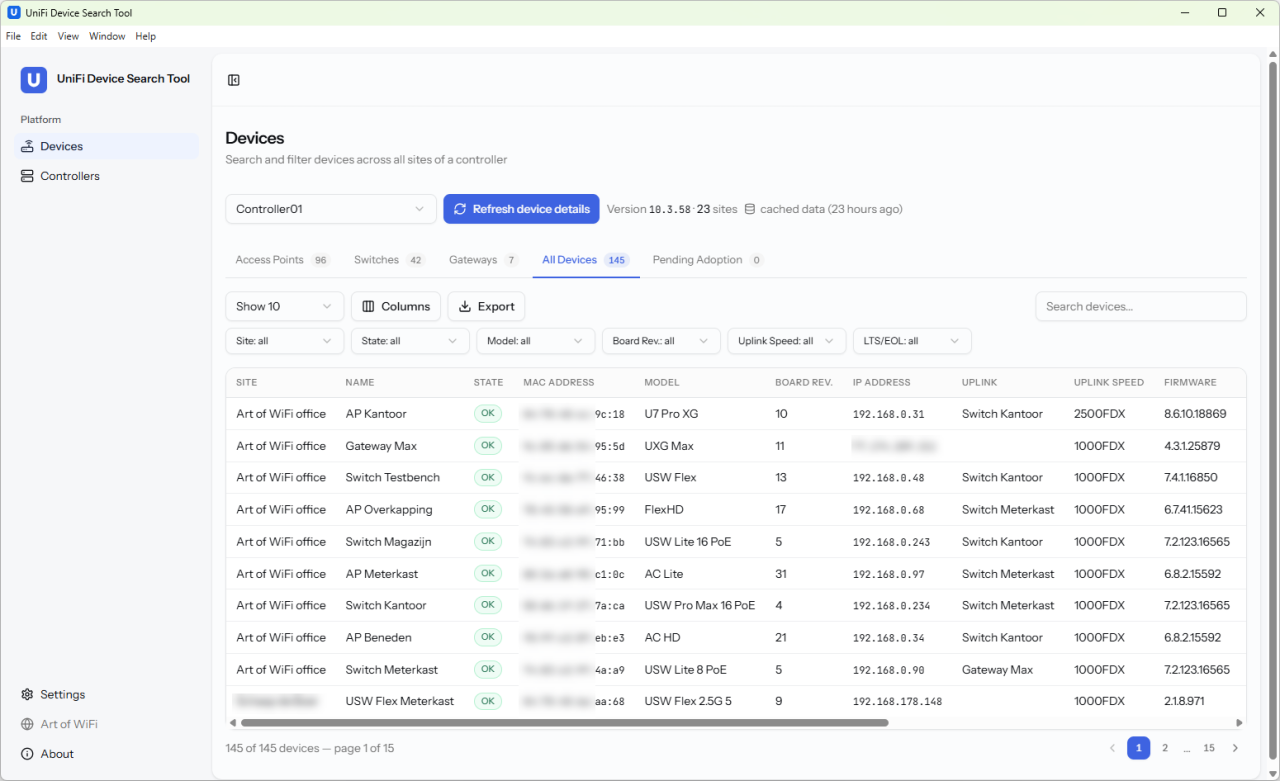 UniFi Device Search Tool for Windows — main device table showing all sites of a controller.